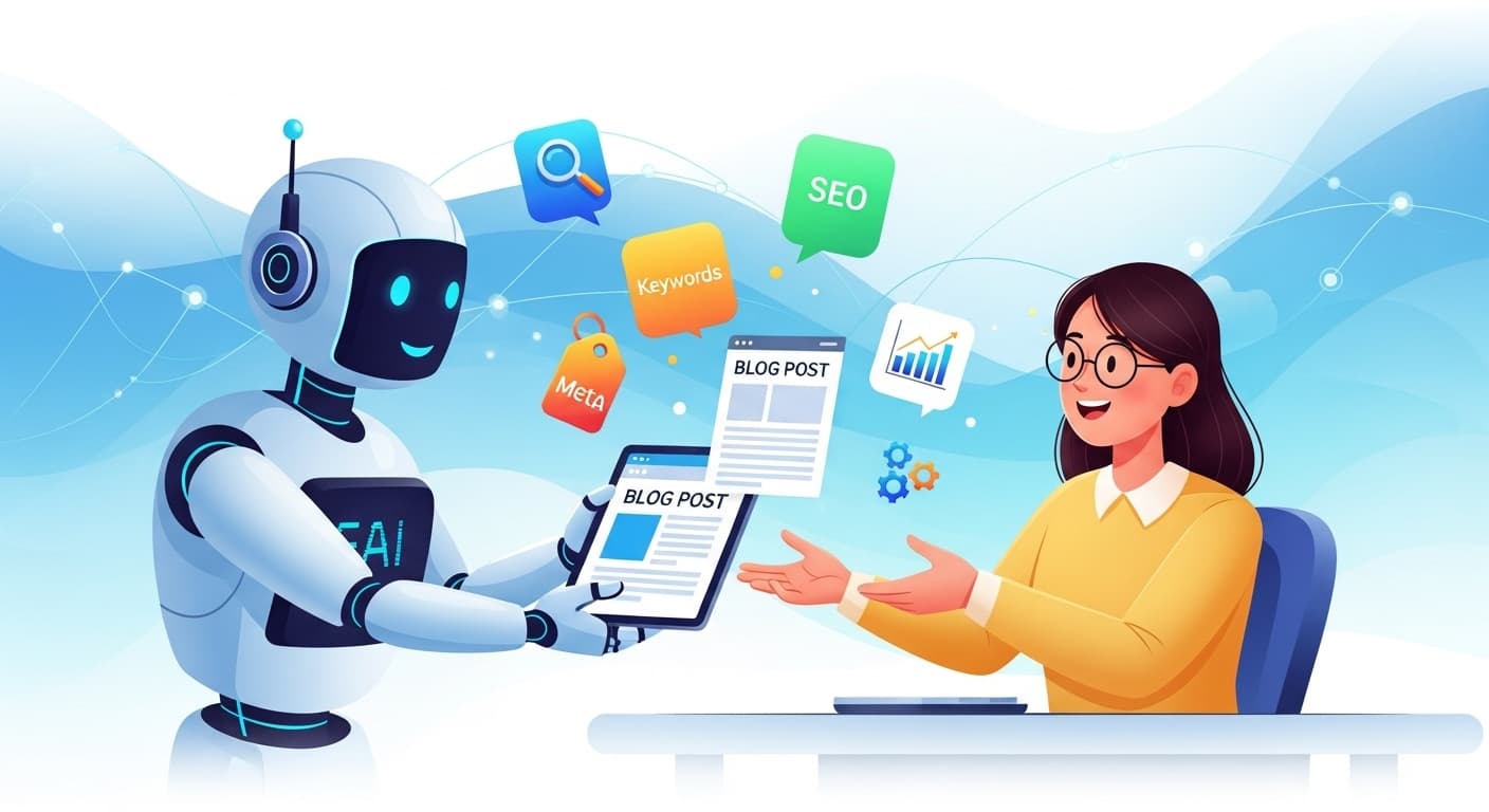 Illustration of a person guiding an AI robot to write a blog post with SEO best practices on a screen.