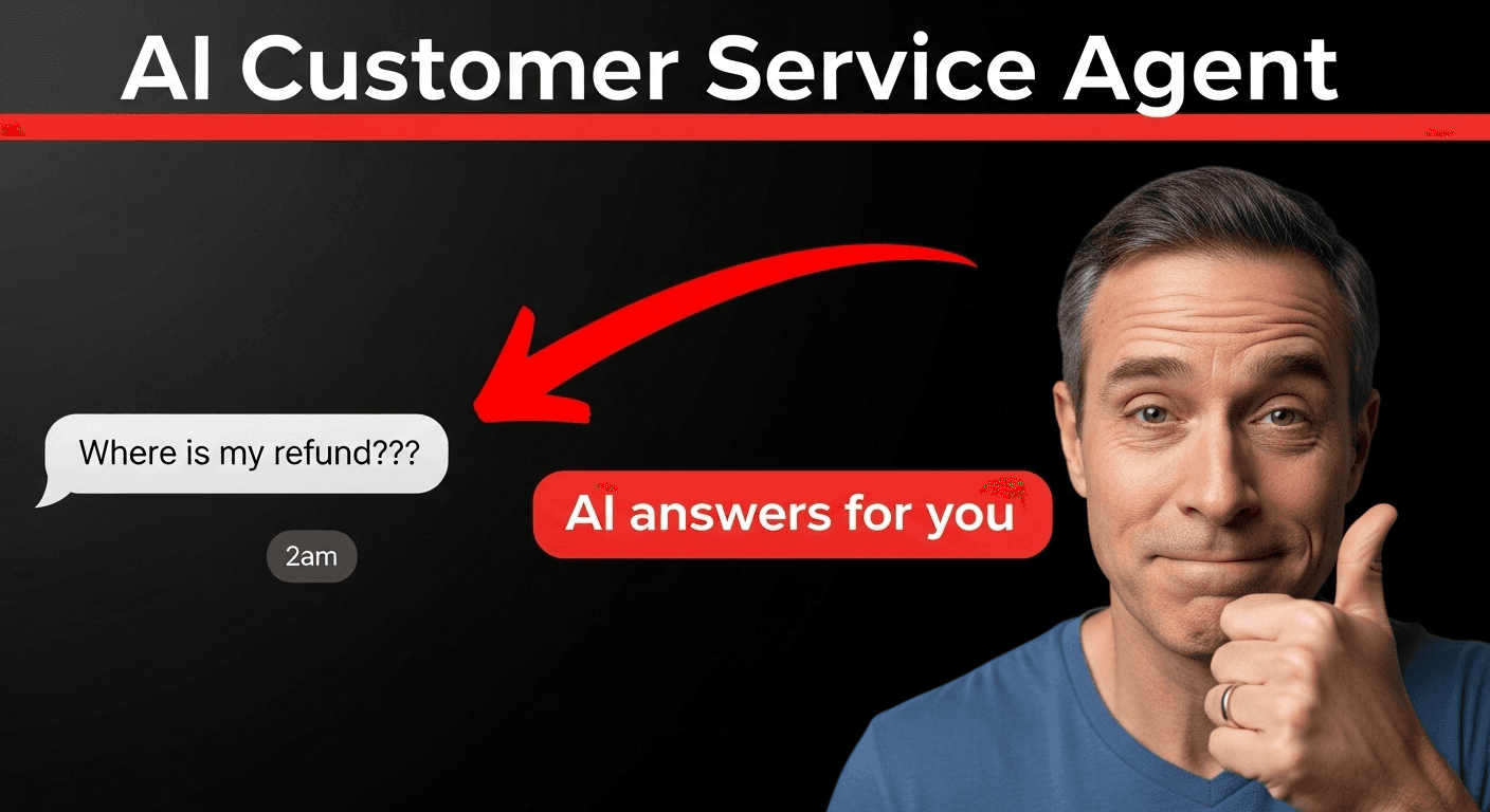 YouTube thumbnail, 16:9. Headline: "AI Customer Service Agent" On the right, a tired founder with a thumbsup On the left, a single chat message "Where is my refund???" with the time at 2am. A red arrow pointing "AI answers for you" to the chat Black background