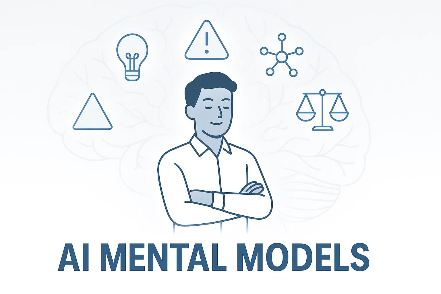 Thumbnail shows a confident decision-maker with 5 glowing icons (lightbulb, warning triangle, connected nodes, scales, chart) floating around them. Bold text overlay: "AI MENTAL MODELS". Background: Dark blue gradient with subtle brain/neural network pattern. Person has slight glow effect to show "enlightenment".