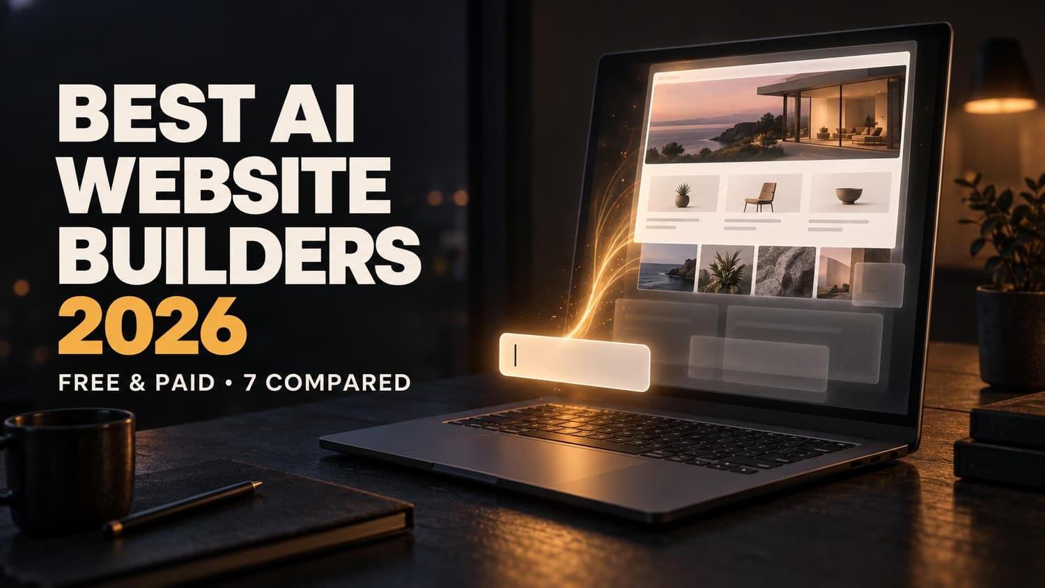 Best AI website builders of 2026: a prompt card turning into a small business website on a laptop