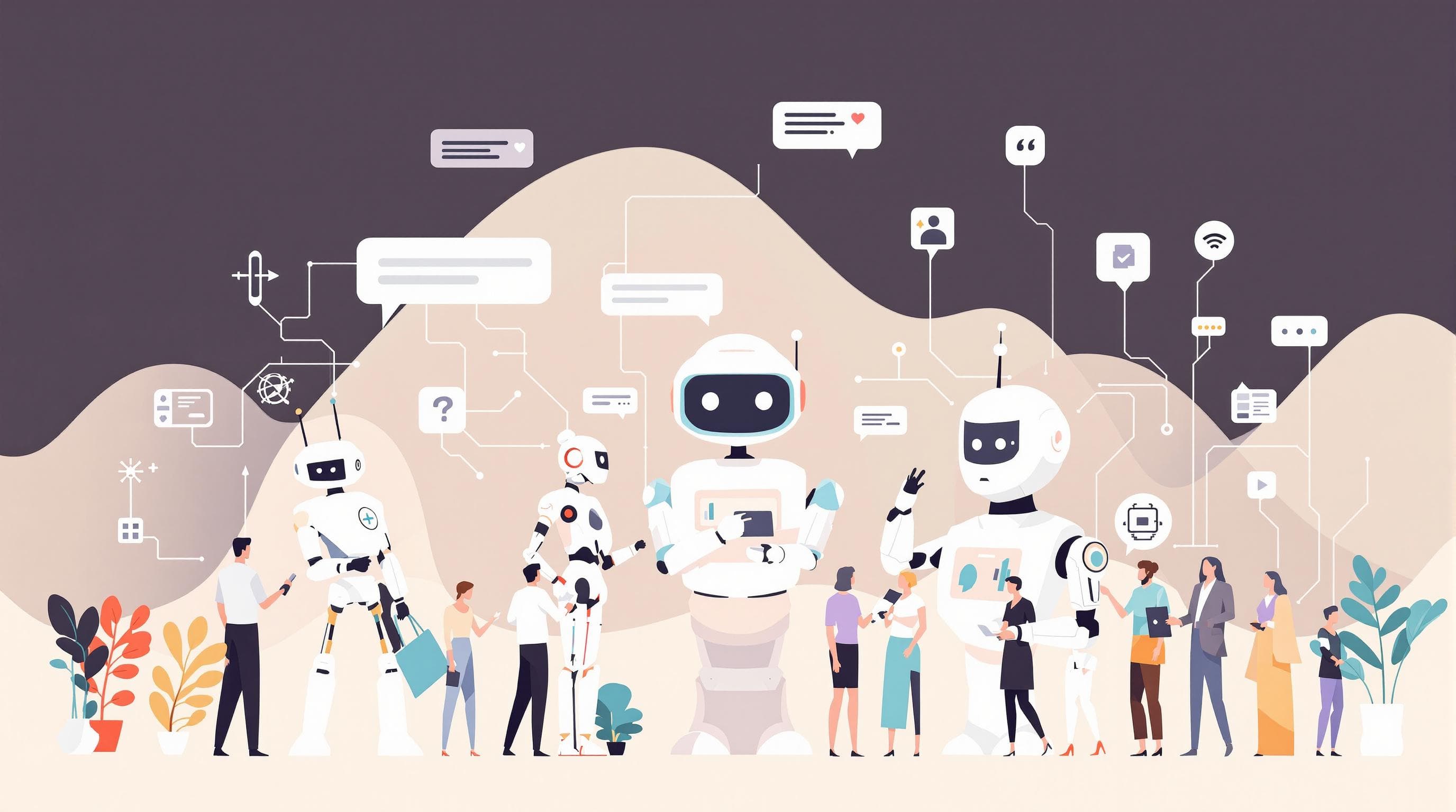 Illustration of various AI chatbots interacting with business professionals, highlighting the best AI chatbots for business.