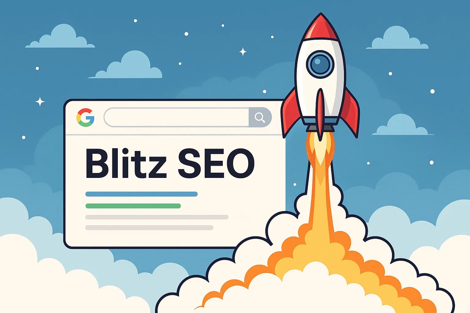 Graphic illustrating a rocket blasting off from a search engine results page (SERP) with "Blitz SEO" prominently displayed, symbolizing rapid ranking ascent.