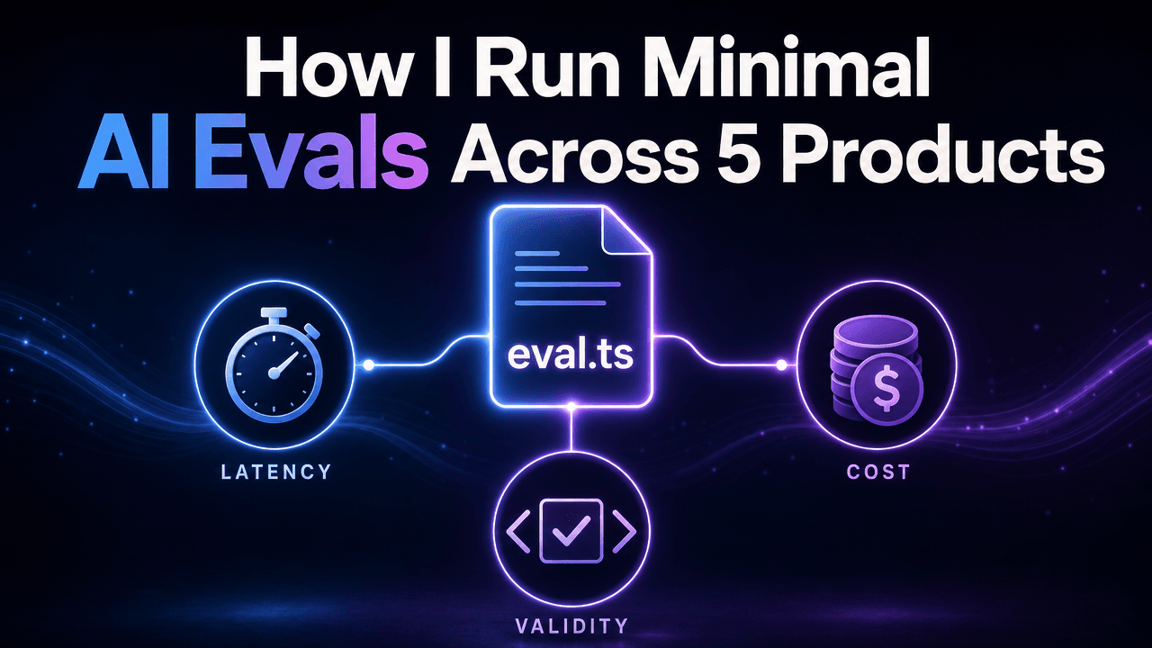 How I Run Minimal AI Evals Across 5 Products banner showing eval.ts diagram with latency, validity, and cost metrics