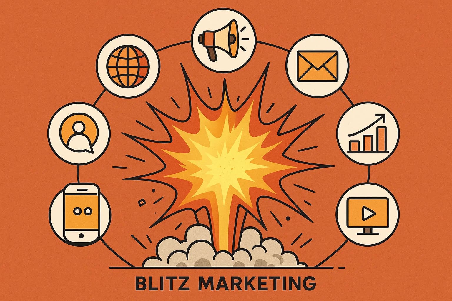 Explosion graphic symbolizing rapid growth, with interconnected marketing channels around it, representing the Blitz Marketing strategy.